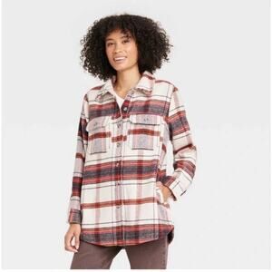 Universal Thread Plaid Long Sleeve Button-Down Shacket Jacket White Red Small